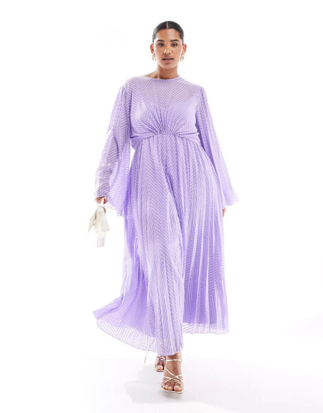 ASOS DESIGN Curve tie back fluted sleeve pleated chevron chiffon midi dress in lilac