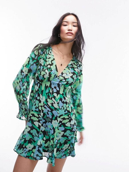 Topshop long sleeve godet mini tea dress in green floral print