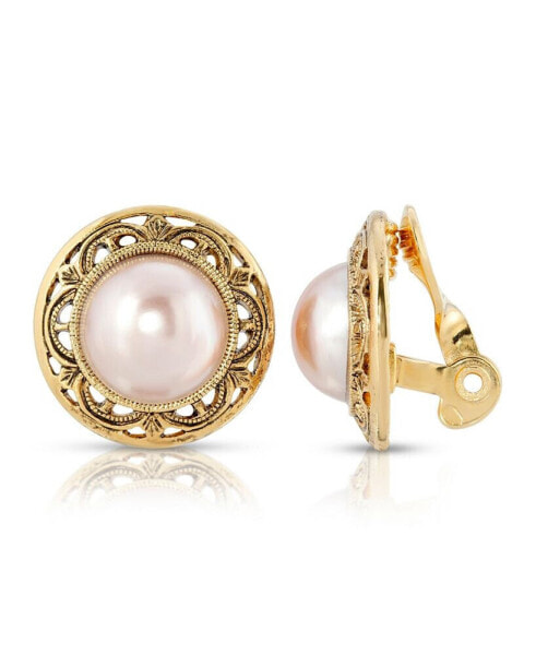 Gold Tone Imitation Pearl Round Button Clip Earrings