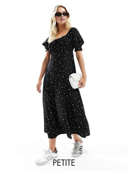 Miss Selfridge Petite tie front midi tea dress in black polka dot