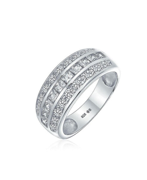 Art Deco Cubic Zirconia Half Eternity Channel Set Princess Cut CZ Dome 3 Row Wide Statement Band Ring For Women .925 Sterling Silver Comfort Fit 8MM