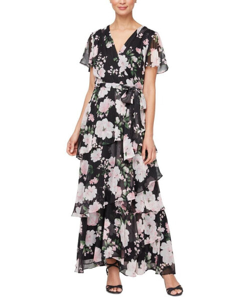 Women's Printed Tie-Waist Chiffon Maxi Dress