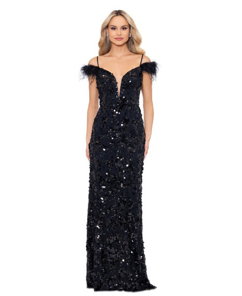 Women's Sequined Feather-Trim Gown