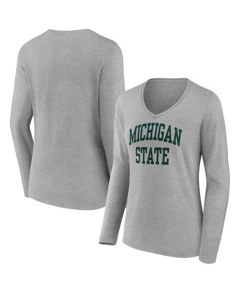 Women's Heather Gray Michigan State Spartans Basic Arch Long Sleeve V-Neck T-shirt