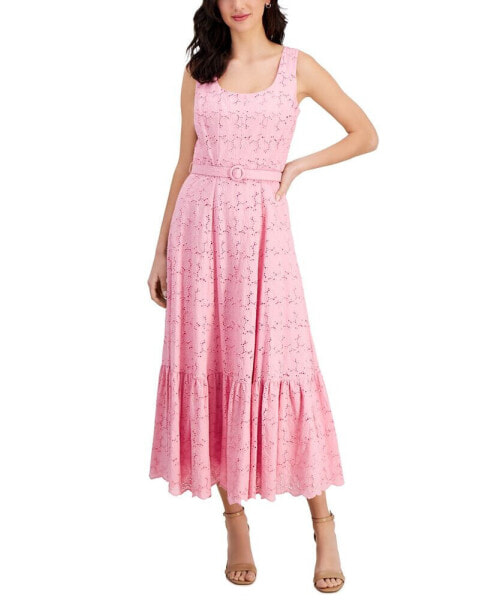 Women's Boat-Neck Belted Embroidered Eyelet Dress