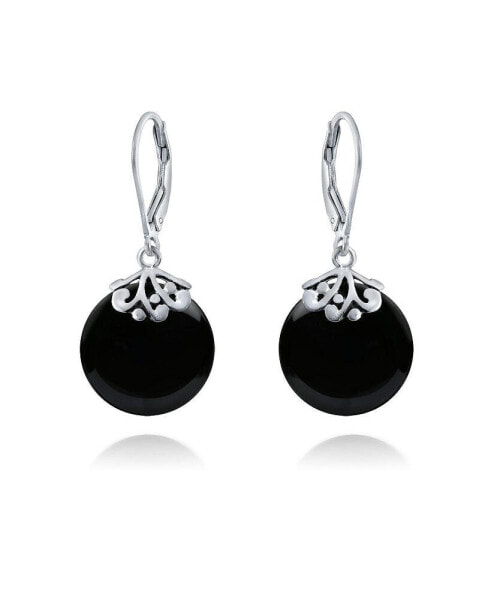 Western Style Filigree Lever Back s Black Natural Onyx Flat Round Circle Disc Dangle Drops Earrings For Women Sterling Silver