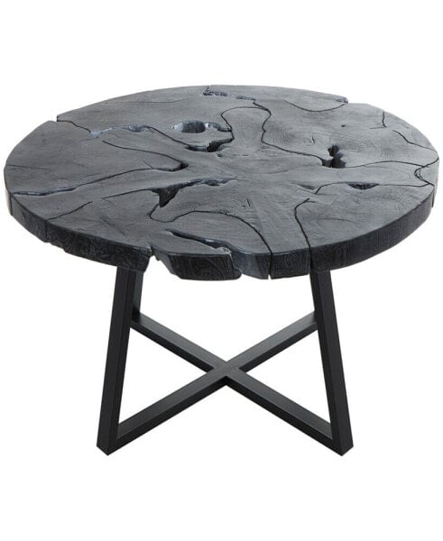 35" x 35" x 18" Teak Wood Geometric Handmade Live Edge Black Metal Base Coffee Table