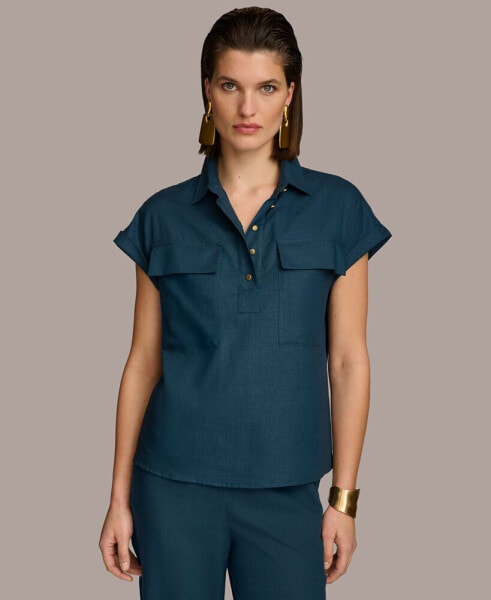 Women's Short-Sleeve Linen-Blend Collared Shirt