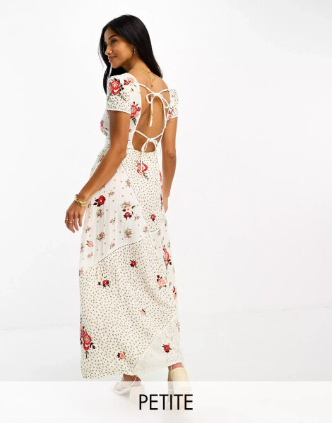 River Island Petite tie back embroidered floral maxi dress in cream