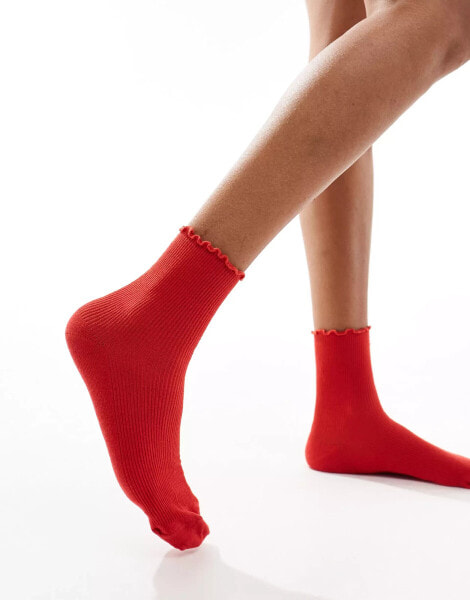 Topshop ribbed frill socks in red