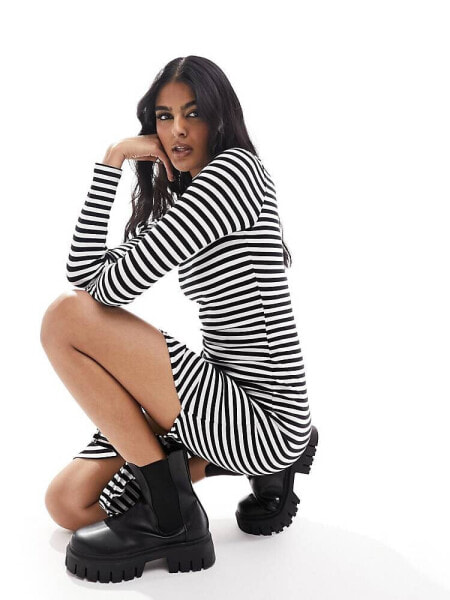 New Look high neck long sleeve midi dress in black and white stripe