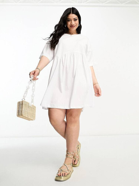 ASOS DESIGN Curve short sleeve seam detail mini smock dress in white 