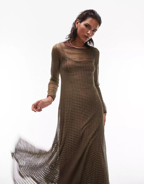 Topshop netted lace full skirt maxi dress in khaki