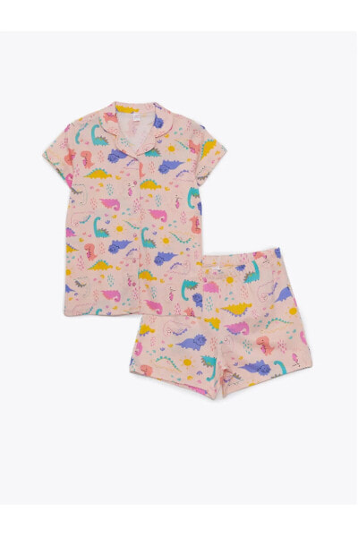 LCW Kids Gömlek Yaka Desenli Kısa Kollu Kız Çocuk Şortlu Pijama Takımı