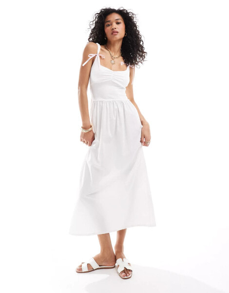 ASOS DESIGN milkmaid midi dress with full skirt and bow straps in white