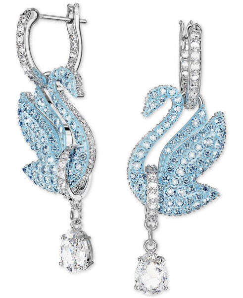 Silver-Tone Blue & White Crystal Iconic Swan Drop Earrings