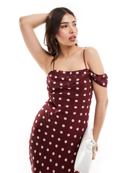 ASOS DESIGN one shoulder strap midi slip dress in burgundy spot