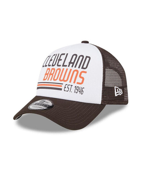 Men's White, Brown Cleveland Browns Stacked A-Frame Trucker 9FORTY Adjustable Hat