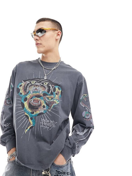 Ed Hardy long sleeve washed grey t-shirt with tiger head graphic