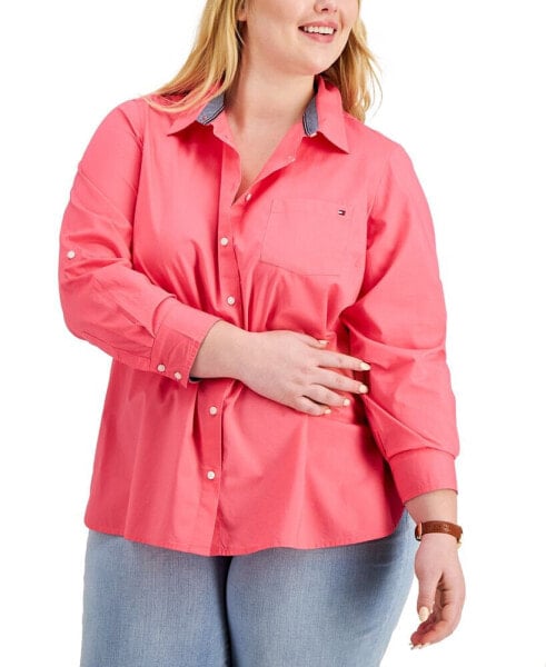 Plus Size Cotton Roll-Tab Shirt