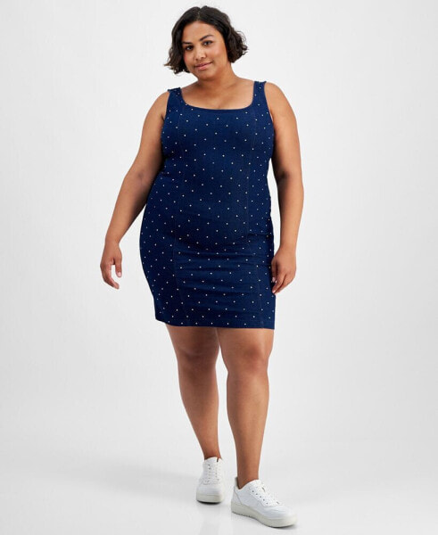 Trendy Plus Size Embellished Square-Neck Bodycon Denim Dress