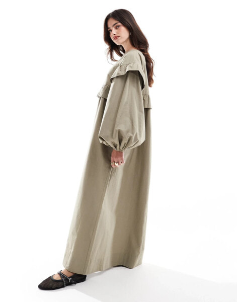 ASOS DESIGN shapeless frill smock midi dress with oversized sleeves in roasted cashew