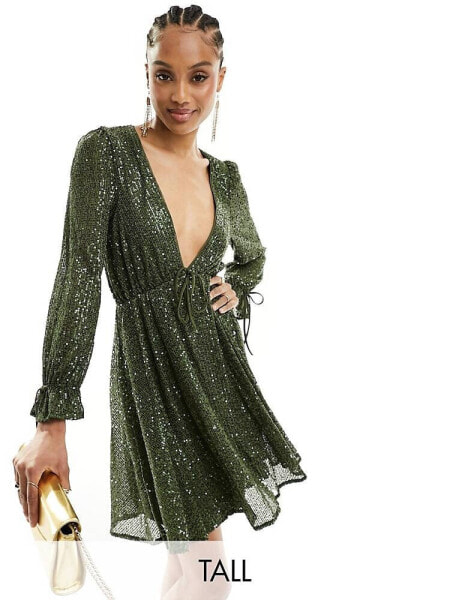 Jaded Rose Tall embellished babydoll mini dress in olive