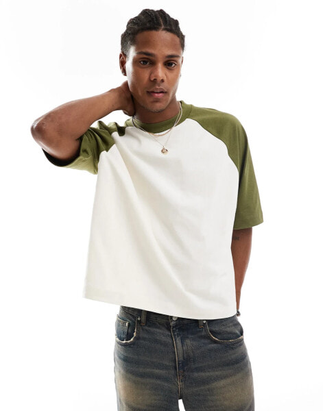 ASOS DESIGN oversized boxy raglan t-shirt with khaki contrast sleeves in cream