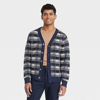 Men's Plaid Ribbed Hem V-Neck Cardigan - Goodfellow & Co Navy Blue L