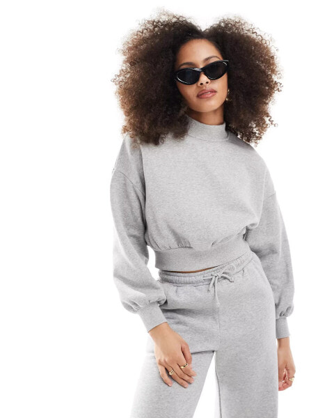 Pimkie volume sleeve high neck cropped sweatshirt co-ord in light grey