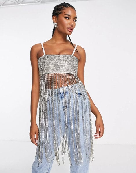 ASOS DESIGN – Verziertes Trägerkleid mit Strass-Fransen