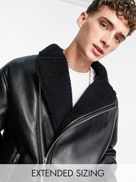 ASOS DESIGN oversized faux leather biker jacket with borg collar in black