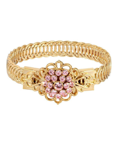 14K Gold-tone Pink Flower Overlay Belt Bracelet