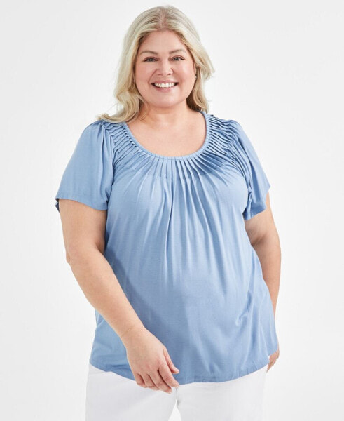 Plus Size Pleat-Neck Top, Created for Macy's