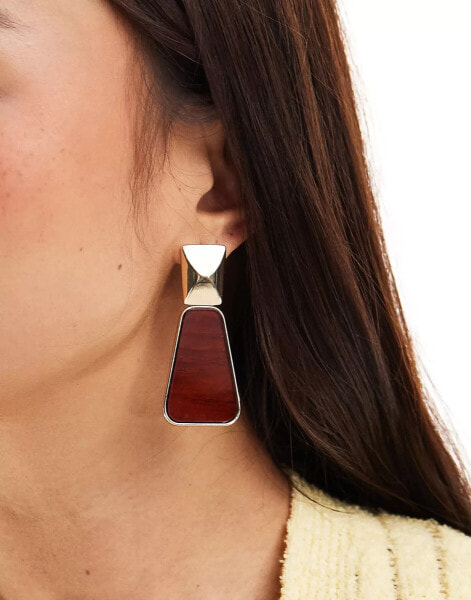 ASOS DESIGN drop earrings with rectangle natural look design in gold tone