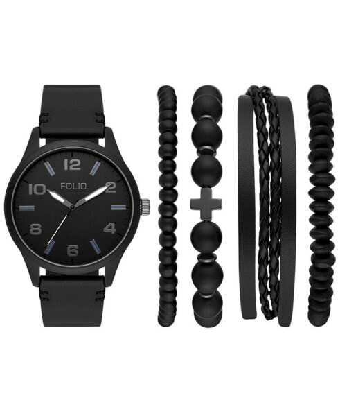 Men's Three Hand Gunmetal 46mm Watch and Bracelets Gift Set, 5 Pieces
