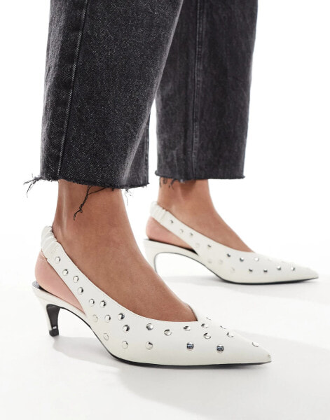 ASOS DESIGN Scene studded slingback kitten heeled shoes in white