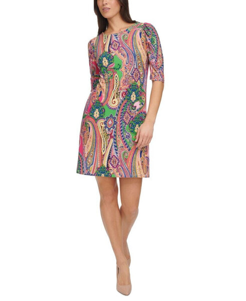 Women's Paisley-Print Ruched-Sleeve Dress