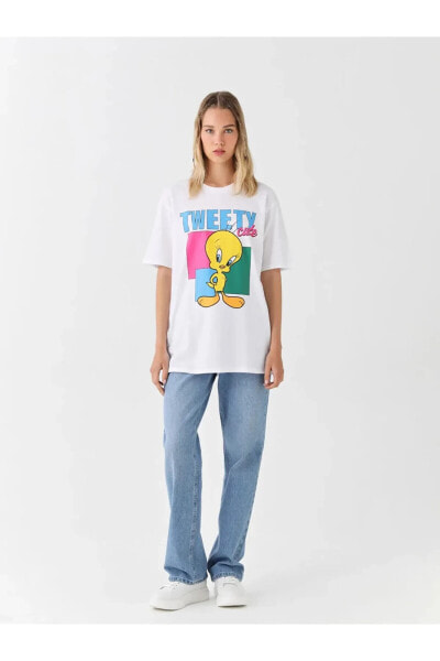 Lcw Casual Bisiklet Yaka Tweety Baskılı Kısa Kollu Oversize Kadın Tişört