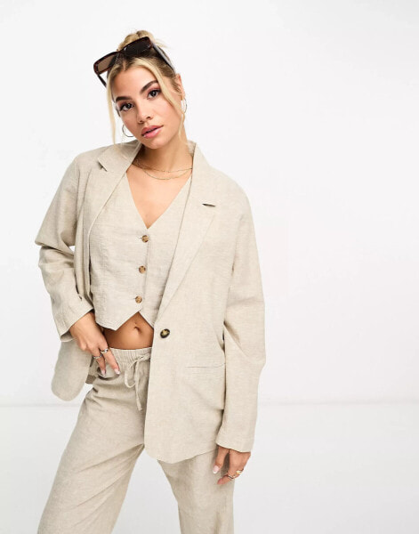 Monki 3 piece co-ord linen blazer in beige