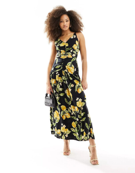 ASOS DESIGN twist strap ruched bodice midi dress in lemon print