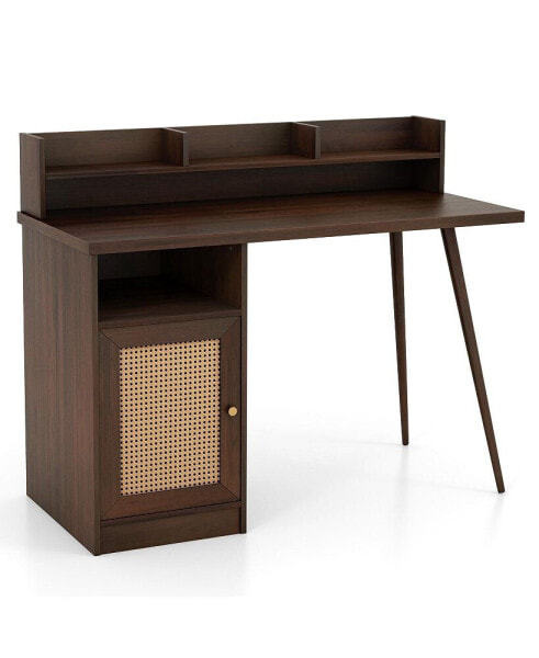 48 Inch Computer Desk with Hutch and PE Rattan Cabinet Shelves