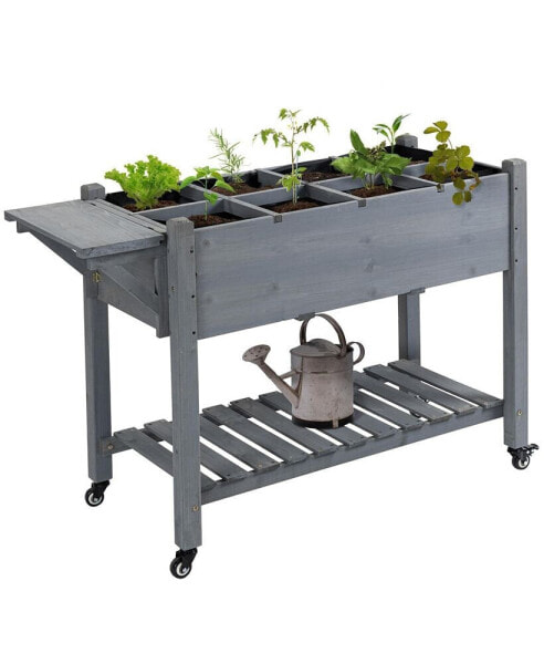 49" x 21" x 34" Raised Garden Bed w/ 8 Grow Grids, Outdoor Wood Plant Box Stand w/ Folding Side Table and Lockable Wheels for Vegetables, Flowers, Herbs, Gray