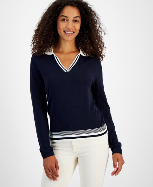 Women's Johnny Collar Long-Sleeve Sweater