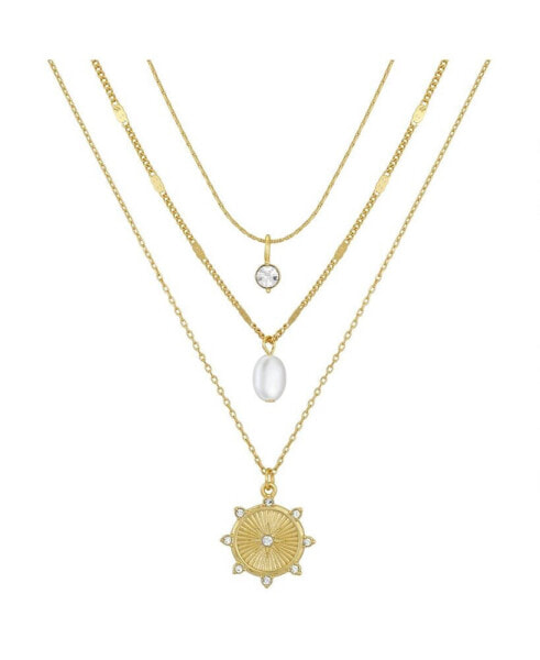 14K Gold Flash-Plated 3-Pieces Imitation Pearl and Genuine Crystal Layered Pendants Set