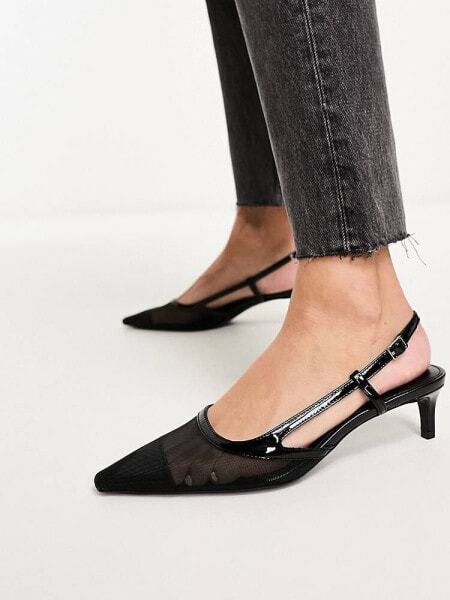 Mango mesh pointed toe strappy kitten heel in black