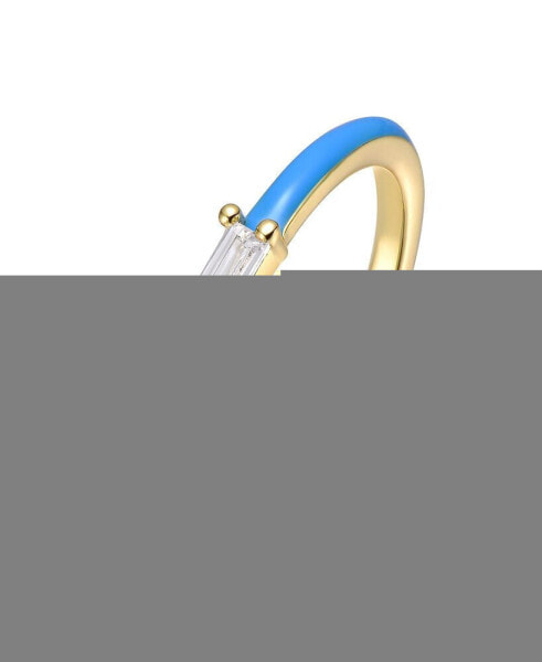 Kids/Teens 14k Yellow Gold Plated with Cubic Zirconia Baguette Solitaire Magenta-Blue Enamel Slim Stacking Ring