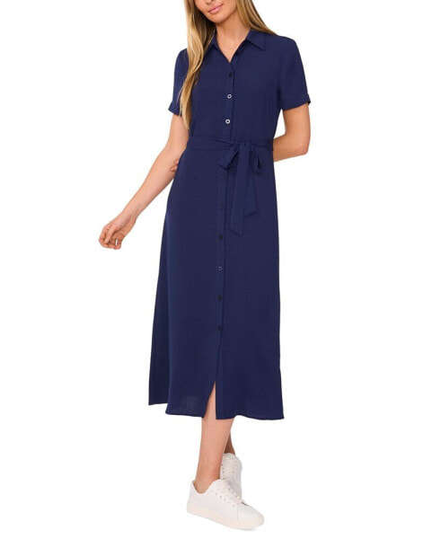 Women's Short-Sleeve Belted Midi Shirtdress