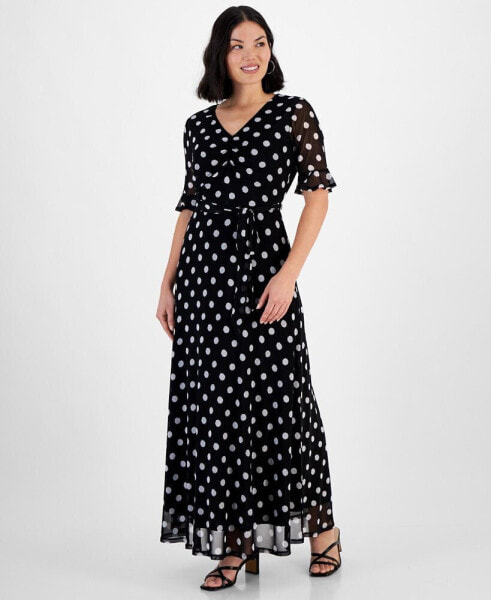 Petite Dot-Print Ruffled-Cuff Dress