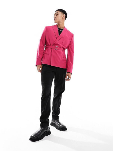 ASOS DESIGN slim belted blazer in pink